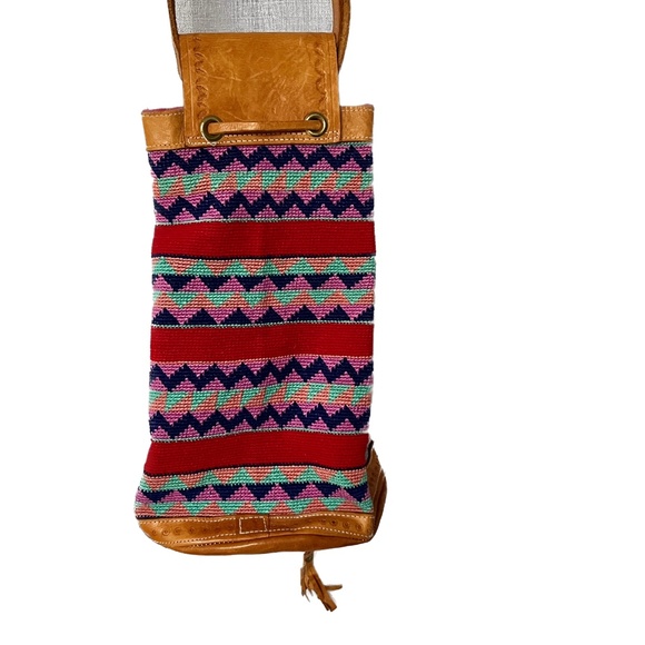 Boho Guatemala Bucket Bag DRAWSTRING Shoulder Tote Leather Woven Pink Red Hippie - Picture 6 of 12